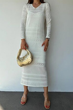 Astarlı Triko Elbise - Beyaz