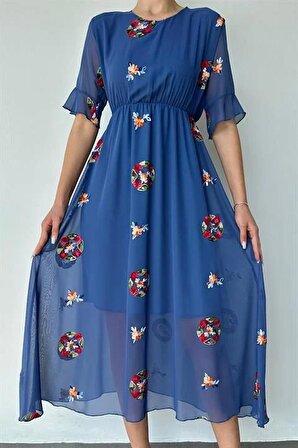 Nakış İşlemeli Şifon Elbise - Mavi