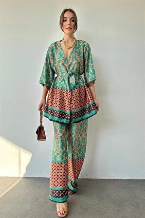 Desenli Kimono ve Pantolon Takım - Yeşil