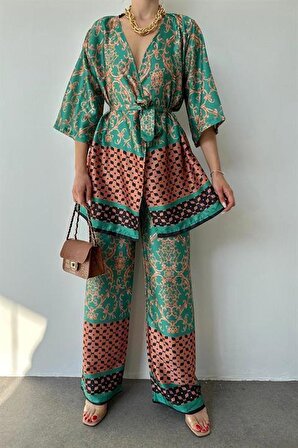 Desenli Kimono ve Pantolon Takım - Yeşil