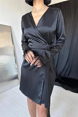 Yandan Bağlamalı Saten Elbise - Siyah