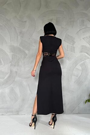 Belinden Dantel Detaylı Elbise - Siyah