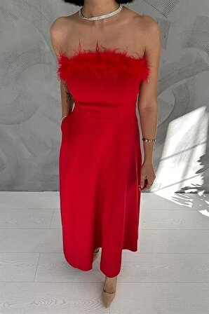 Straplez Midi Elbise - Kırmızı