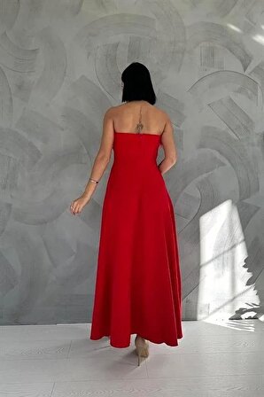 Straplez Midi Elbise - Kırmızı
