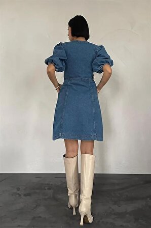 V Yaka Kısa Kot Elbise - Mavi