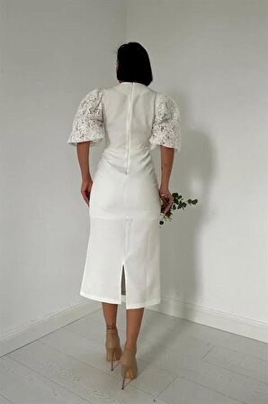 Kolları Dantelli İnci Detaylı Elbise - Beyaz