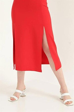 Sade Yırtmaçlı Elbise - Kırmızı