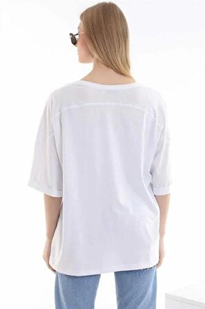Nakışlı Casual T-Shirt - Beyaz
