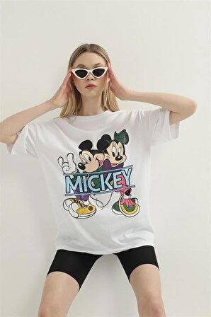 Mickey Mouse Baskılı T-Shirt - Beyaz