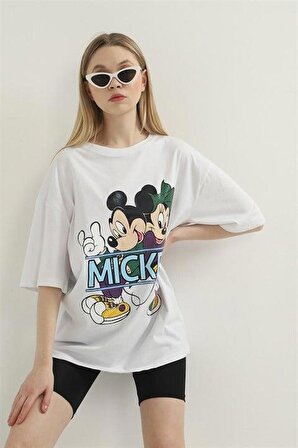 Mickey Mouse Baskılı T-Shirt - Beyaz