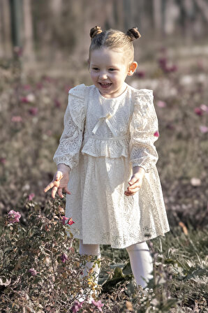 Kız Bebek Elbise Kız Çocuk Elbise Doğum Günü Parti Düğün Elbise Uzun Kol Astarlı Dantelli Bebek Giyim