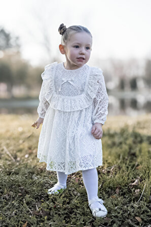Kız Bebek Elbise Kız Çocuk Elbise Doğum Günü Parti Düğün Elbise Uzun Kol Astarlı Dantelli Bebek Giyim