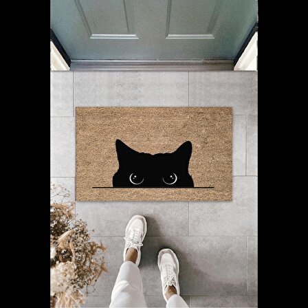 Dekoratif Dijital Kara Kedi Bej Kapı Paspası Dış Mekan Paspas