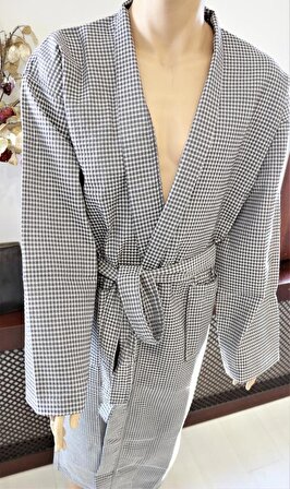 Bornoz İplik Boya Siyah Beyaz Pike Kimono Bornoz XL/XXL