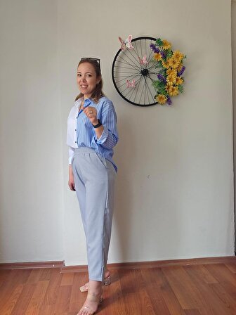 Yüksek Bel Arka Beli Lastikli Likralı Keten Açık Mavi Kadın Şalvar Pantolon
