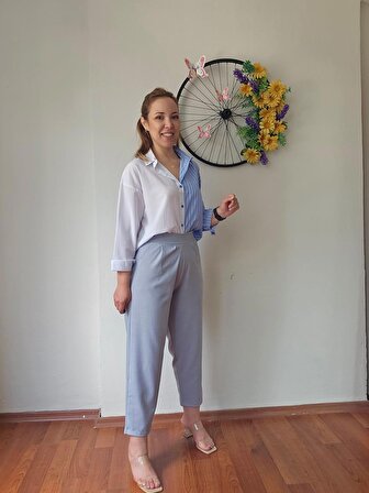 Yüksek Bel Arka Beli Lastikli Likralı Keten Açık Mavi Kadın Şalvar Pantolon
