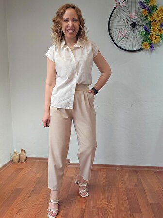 Yüksek Bel Beli Lastikli Likralı Keten  Taş Krem Renk Kadın Şalvar Pantolon