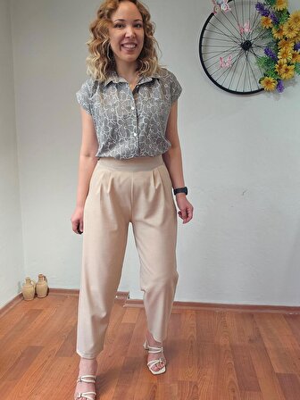 Yüksek Bel Beli Lastikli Likralı Keten  Taş Krem Renk Kadın Şalvar Pantolon