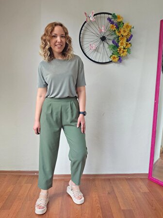 Yüksek Bel Beli Lastikli Likralı Keten Haki Yeşil Renk Kadın Şalvar Pantolon