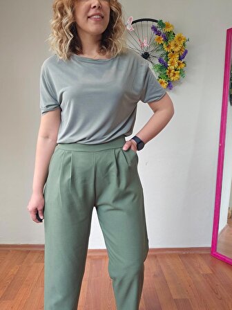 Yüksek Bel Beli Lastikli Likralı Keten Haki Yeşil Renk Kadın Şalvar Pantolon