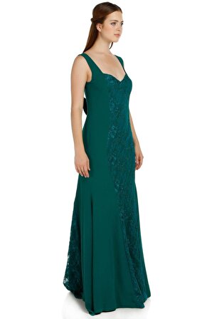 Fierte Kadın Abiye Elbise Frd1023 Balık Dekolte Krep Dantel Nişan Düğün Nikah Mezuniyet Davet Kırmızı Yeşil