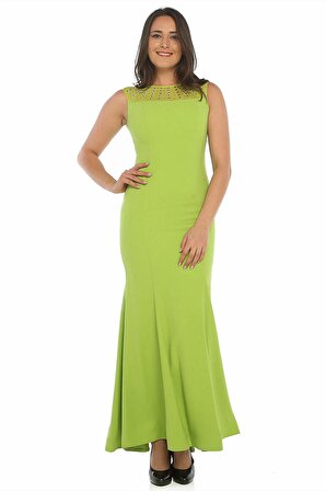 Fierte Kadın Abiye Elbise Frd1450 Balık Sıfır Yaka Krep Nişan Düğün Nikah Mezuniyet Davet Yeşil