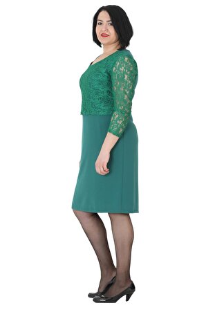 Fierte Kadın Büyük Beden Abiye Elbise Bb317 Kısa Yuvarlak Yaka Uzun Kol Dantel Kombin Bordo Siyah Yeşil Saks Mavi