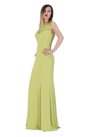 Fierte Kadın Abiye Elbise Crd4122 Balık Sıfır Yaka Şifon Taş Detay Nişan Düğün Yeşil