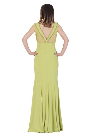 Fierte Kadın Abiye Elbise Crd4122 Balık Sıfır Yaka Şifon Taş Detay Nişan Düğün Yeşil