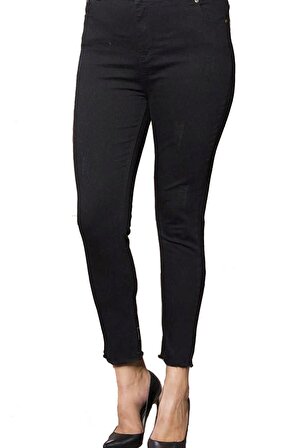 Fierte Kadın Büyük Beden Pantolon Rg1288 Jean Yüksek Bel Dar Paça Yırtık Püskül Fermuar Kapama Düğmeli Cep Pamuk Siyah Füme Lacivert Mavi Beyaz