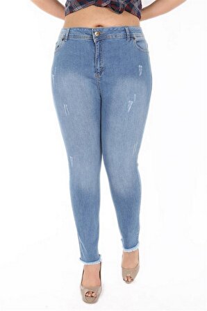 Fierte Kadın Büyük Beden Pantolon Rg1288 Jean Yüksek Bel Dar Paça Yırtık Püskül Fermuar Kapama Düğmeli Cep Pamuk Siyah Füme Lacivert Mavi Beyaz