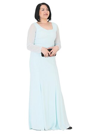 Fierte Kadın Büyük Beden Abiye Elbise Lg6041 V Yaka Uzun Şifon Kol Sandy Balık Etek Yeşil Lacivert Turkuaz