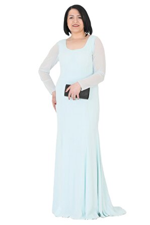 Fierte Kadın Büyük Beden Abiye Elbise Lg6041 V Yaka Uzun Şifon Kol Sandy Balık Etek Yeşil Lacivert Turkuaz