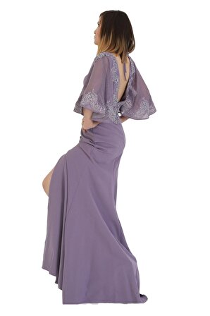 Fierte Kadın Abiye Elbise Crd4377 V Yaka Dantel Detay Derin Sırt Dekolte Volan Yarım Kol Balık Etek Krep Nişan Düğün Gümüş Pudra Mor Kırmızı Lila