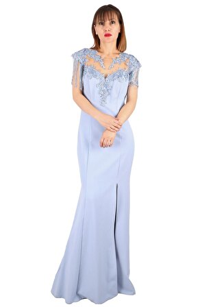 Fierte Kadın Abiye Elbise Crd4370 Sıfır Yaka Güpür Dantel Düşük Omuz Detay Krep Balık Nişan Düğün Mavi