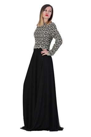 Fierte Kadın Abiye Elbise Clw6056 Sıfır Yaka Uzun Kol Güpür Dantel Tül Şifon Kloş Etek Tesettür Siyah Bej