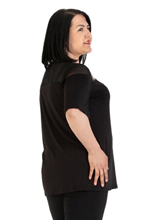 Fierte Kadın Büyük Beden Bluz Bk19216 Yuvarlak Yaka Tül Leopar Payet Detay Yarım Kol Penye Spor Siyah