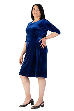 Fierte Kadın Büyük Beden Elbise CcCevo Yuvarlak Yaka Truvakar Kol Kadife Kumaş Bel Detay Diz Altı Mor Siyah Saks Mavi