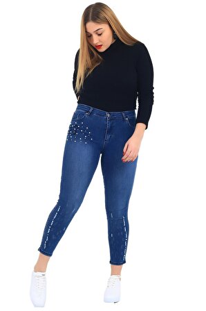 Fierte Kadın Pantolon Nvr3077 Normal Bel Fermuar Kapama Dar Paça İnci Taş Detay Pamuk Spor Cep Mavi