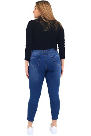 Fierte Kadın Pantolon Nvr3077 Normal Bel Fermuar Kapama Dar Paça İnci Taş Detay Pamuk Spor Cep Mavi