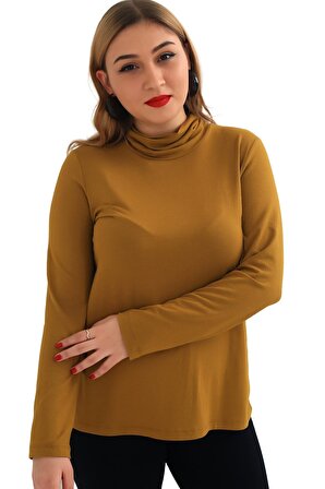 Fierte Kadın Büyük Beden Sweatshirt Lm43040 Balıkçı Yaka Basic Uzun Kol Penye Body Hardal Antrasit Siyah Ekru Haki Tarçın Portakal Lacivert