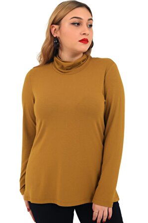 Fierte Kadın Büyük Beden Sweatshirt Lm43040 Balıkçı Yaka Basic Uzun Kol Penye Body Hardal Antrasit Siyah Ekru Haki Tarçın Portakal Lacivert