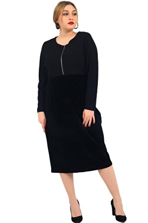 Fierte Kadın Büyük Beden Elbise Lm44291 Yuvarlak Yaka Fermuar Detay Uzun Kol Spor Kadife Renk Kombin Diz Altı Siyah