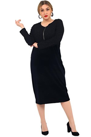 Fierte Kadın Büyük Beden Elbise Lm44291 Yuvarlak Yaka Fermuar Detay Uzun Kol Spor Kadife Renk Kombin Diz Altı Siyah