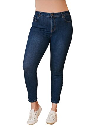 Fierte Kadın Büyük Beden Pantolon Rg1465 Jean Yüksek Bel Dar Paça Fermuar Kapama Cep Kot Siyah Füme Lacivert Mavi