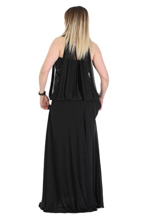 Fierte Kadın Abiye Elbise Fdn3826 Boyundan Bağlama Pul İşleme Yaka Payet Gövde Şifon Kloş Etek Siyah Lacivert Bordo Saks Mavi Zümrüt Gold