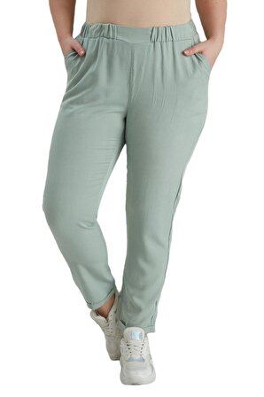 Fierte Kadın Büyük Beden Pantolon Rg1550 Normal Elastik Bel Boru Paça Tencel Kumaş Spor Cep Krem Lacivert Pudra