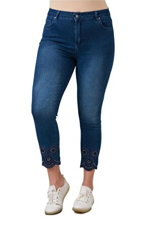 Fierte Kadın Büyük Beden Pantolon Rg1517 Jean Yüksek Bel Dar Paça Taş İşleme Detay Fermuar Kapama Düğmeli Spor Cep Kot Pamuk Mavi