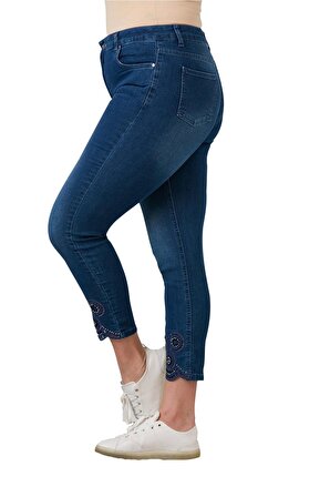 Fierte Kadın Büyük Beden Pantolon Rg1517 Jean Yüksek Bel Dar Paça Taş İşleme Detay Fermuar Kapama Düğmeli Spor Cep Kot Pamuk Mavi