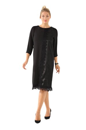 Fierte Kadın Büyük Beden Elbise Lm34010 Yuvarlak Yaka Truvakar Kol Parlak Dantel Detay Siyah Desenli